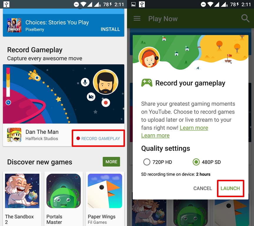 Google Play Games screen recording